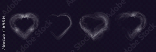 Transparent smoke hearts on dark background, ethereal design with soft flowing shapes, perfect for romantic, abstract, or mystical concepts.	
