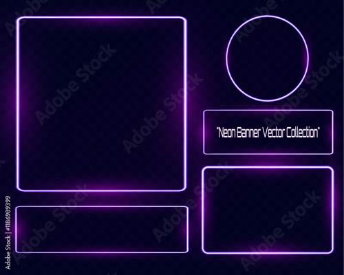 	
Neon banner vector collection featuring glowing purple neon shapes including hexagon, rectangle, triangle, circle, and other frames on dark transparent background.
