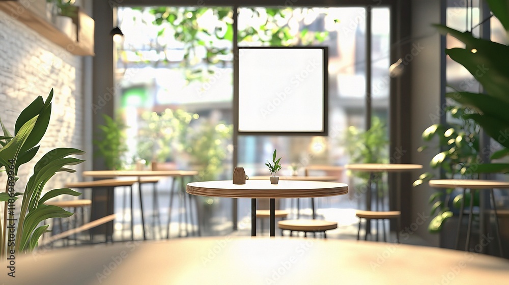Modern Coffee Shop Interior with Blurred Tables and Plants Modern Coffee Shop Interior with Blurred Tables and Plants