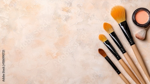 Set of Professional Makeup Brushes on Soft Textured Background
