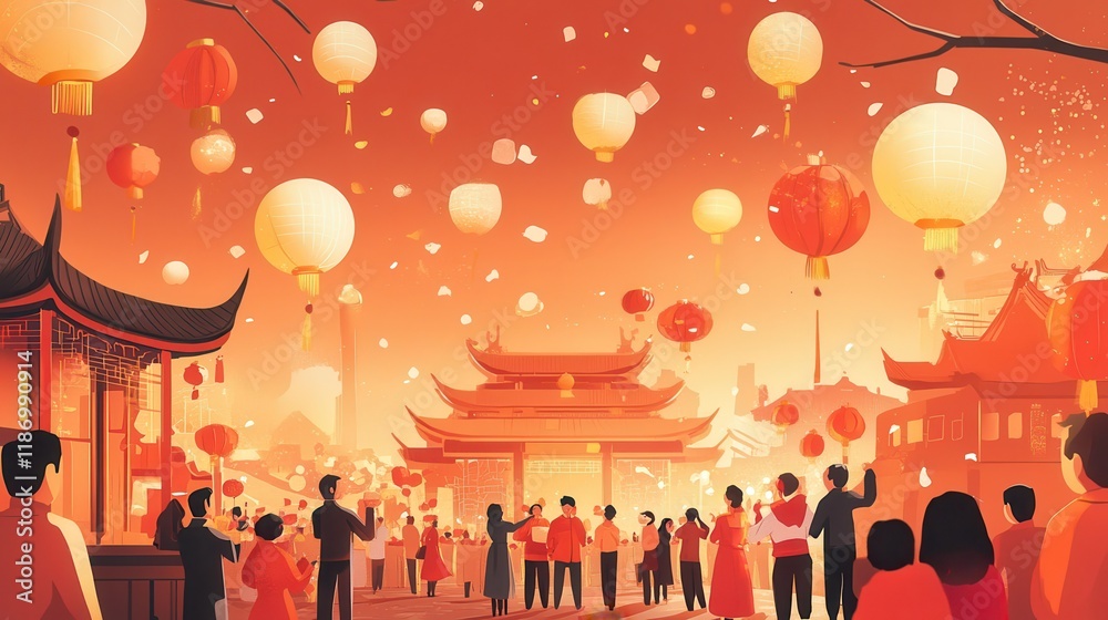 Festive Lantern Celebration in Asian City Streets Festive Lantern Celebration in Asian City Streets