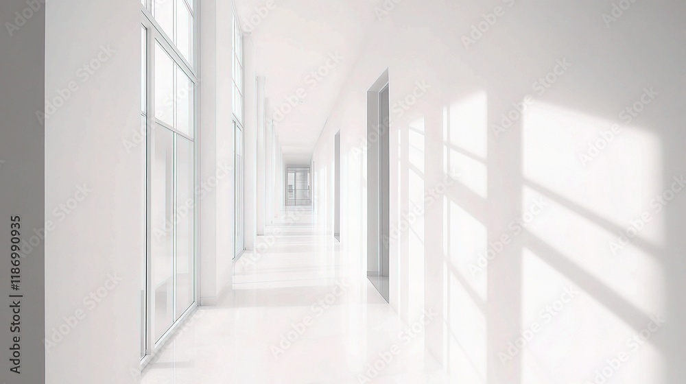 Minimal White Office Corridor with Large Window and Natural Light Minimal White Office Corridor with Large Window and Natural Light