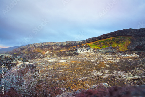 Schilderij op canvas Leirhnjúkur Volcano's colorful geothermal area with lava fields, sulfur deposits, and vibrant moss in Iceland