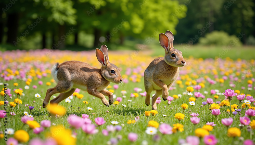 Obraz premium Two hares playing in a colorful flower field