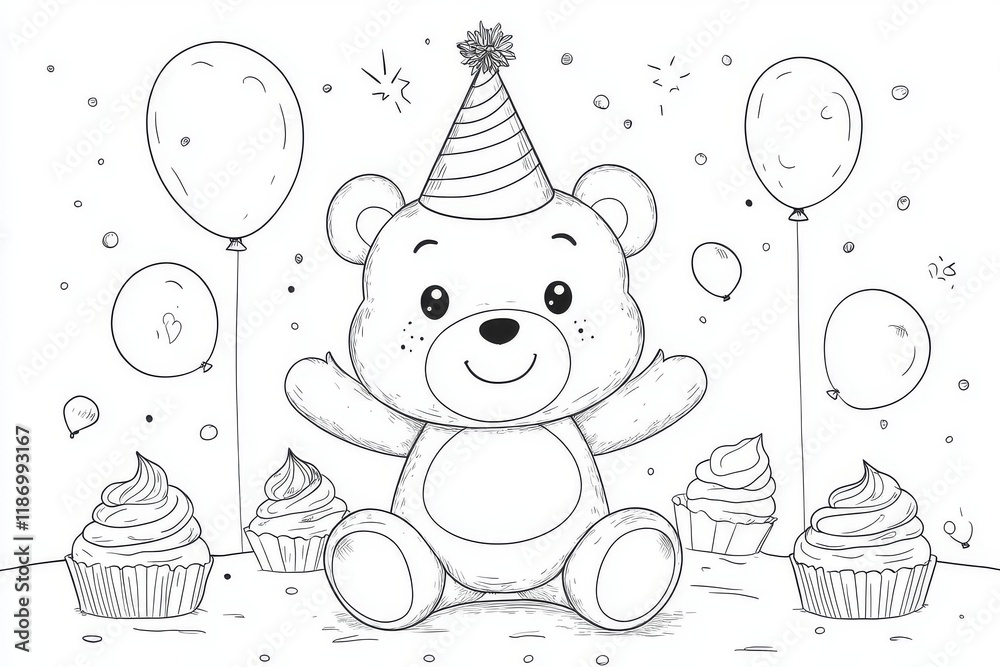 Fototapeta premium Cute bear wearing a birthday hat, surrounded by balloons and cupcakes, simple black-and-white coloring page with crisp outlines.