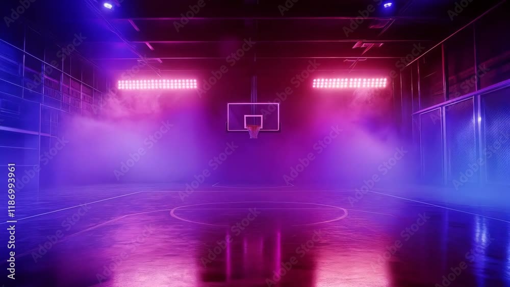 Neon Basketball Court Night - Abstract Purple Blue Smoke Fog 4k Loop Video Background Animation for Sports Game Event Intro