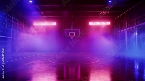 Neon Basketball Court Night - Abstract Purple Blue Smoke Fog 4k Loop Video Background Animation for Sports Game Event Intro