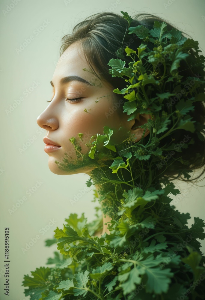 Double Exposure Portrait of Meditating Woman Blended with Kale Leaves and Spirulina Powder Double Exposure Portrait of Meditating Woman Blended with Kale Leaves and Spirulina Powder