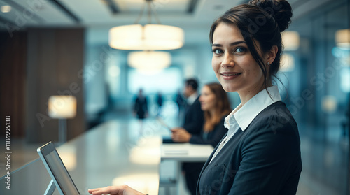 A smiling, dark-haired woman in a black suit stands behind a counter. She is looking at the viewer while working on a tablet photo