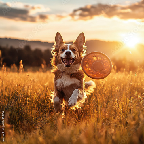 joyful dog running in field, retrieving frisbee at sunset photo