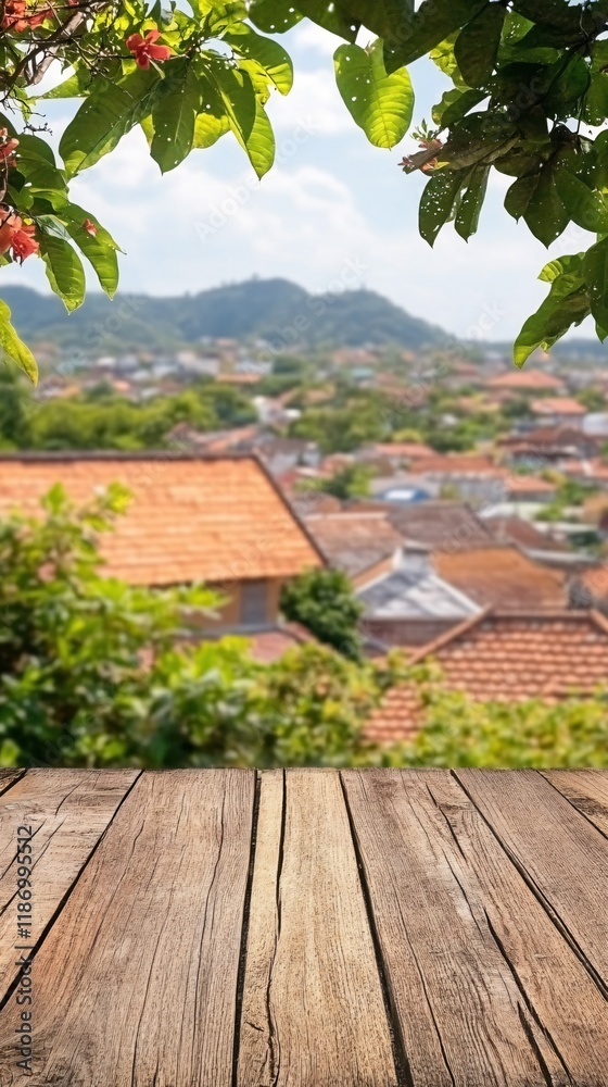 Tranquil Village View Framed by Lush Green Leaves and Flowers Peaceful Scenery Wooden Deck Tranquil Village View Framed by Lush Green Leaves and Flowers Peaceful Scenery Wooden Deck