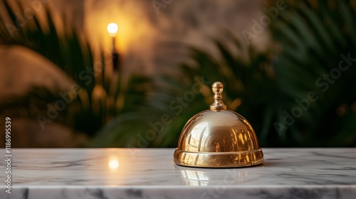 Polished, golden service bell sits on a marble counter, ready to summon assistance, with warm lighting and tropical plants creating a welcoming atmosphere in a hotel lobby