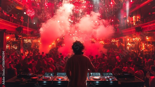 A DJ stands behind a console, mixing tracks as colorful lights and smoke fill the night club. Party-goers dance energetically, immersed in the music and ambiance. photo