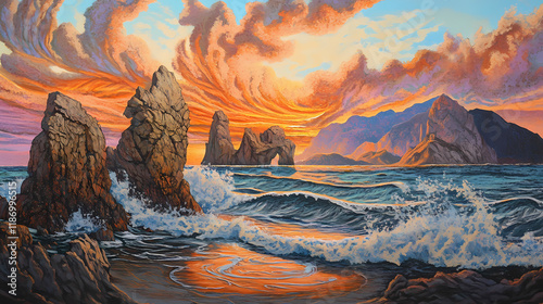 Coastal scene featuring a prominent rock formation in the foreground, seascape with a notable rock formation in the foreground. Nightblaze. Illustration