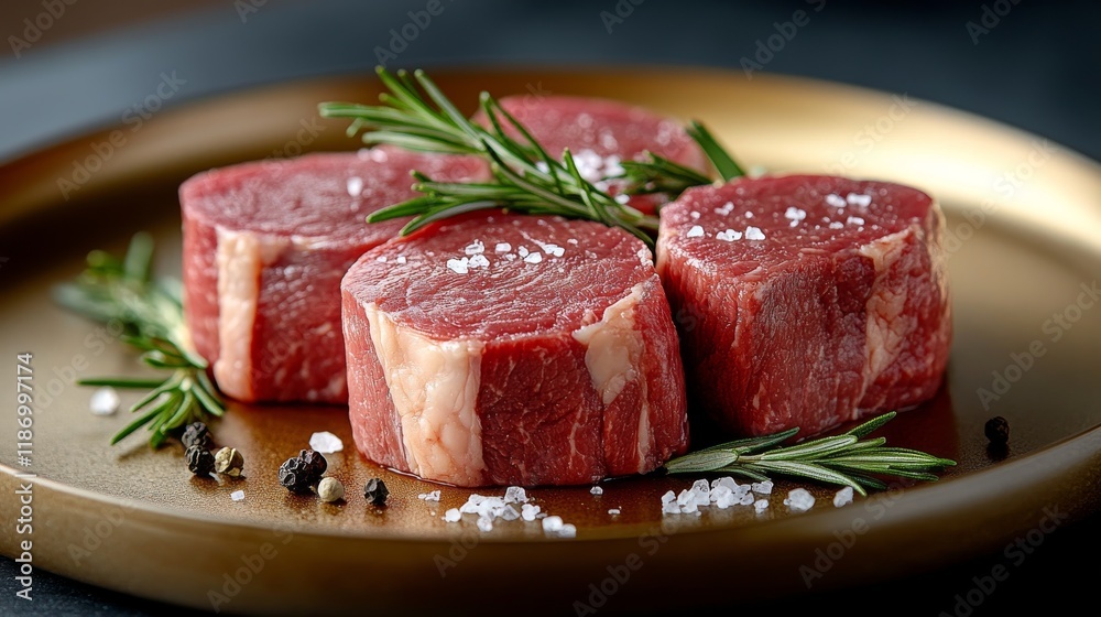 Raw meat cuts garnished with rosemary sprigs . Raw meat cuts garnished with rosemary sprigs .