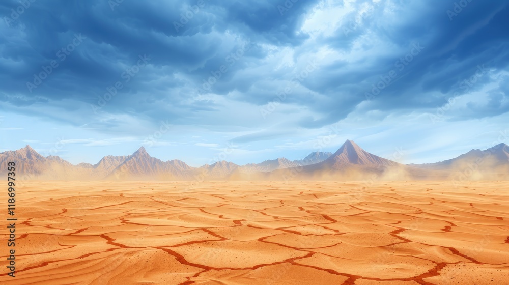 Vast Desert Landscape with Dramatic Clouds and Mountain Silhouettes Under a Vibrant Sky Vast Desert Landscape with Dramatic Clouds and Mountain Silhouettes Under a Vibrant Sky