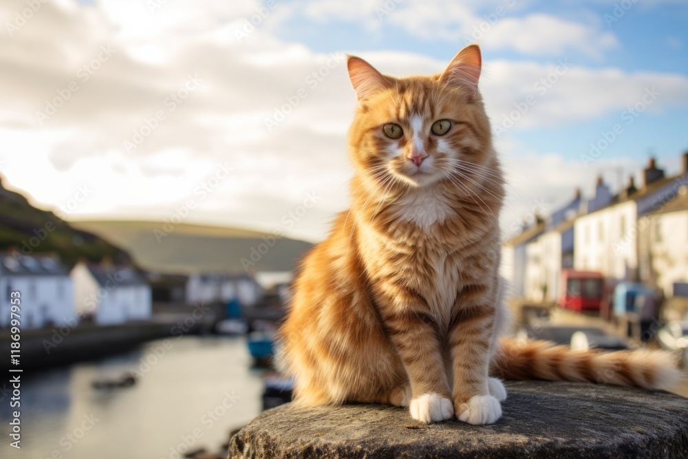 Portrait of a cute manx cat while standing against beautiful coastal village background Portrait of a cute manx cat while standing against beautiful coastal village background
