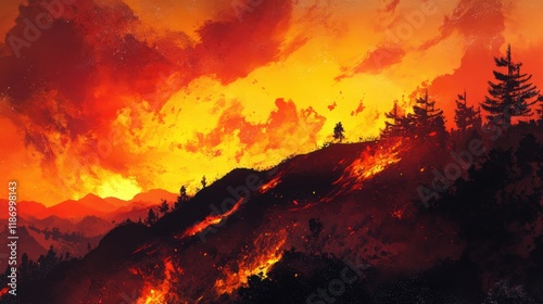 Dramatic Flames Erupt from Forested Hillside Against Fiery Sky, Capturing the Intensity of Wildfire and the Destruction of Nature's Landscape