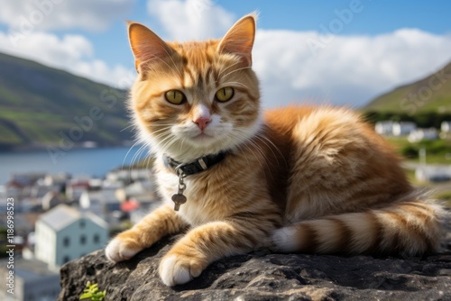 Portrait of a cute manx cat isolated on beautiful coastal village background
