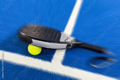 A padel or paddle tennis racket and a bright yellow tennis ball lie on a blue court.  photo