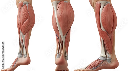 Human leg anatomy with detailed muscle and tendon view on a white background