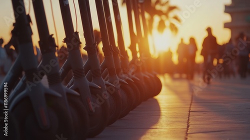Sunset Stroll: Electric Scooters Parked at Golden Hour