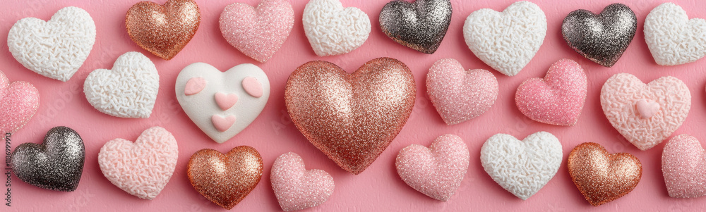 Obraz premium Glittery hearts on pink backdrop create romantic atmosphere