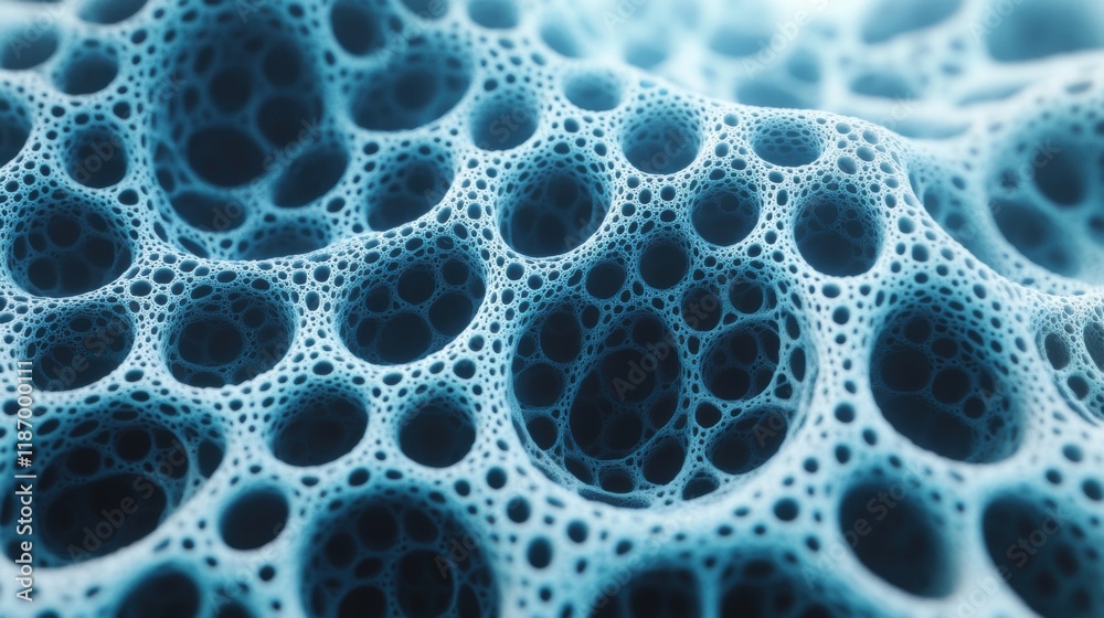 Close-Up View of Intricate Blue Cellular Structure with Bubbles Close-Up View of Intricate Blue Cellular Structure with Bubbles