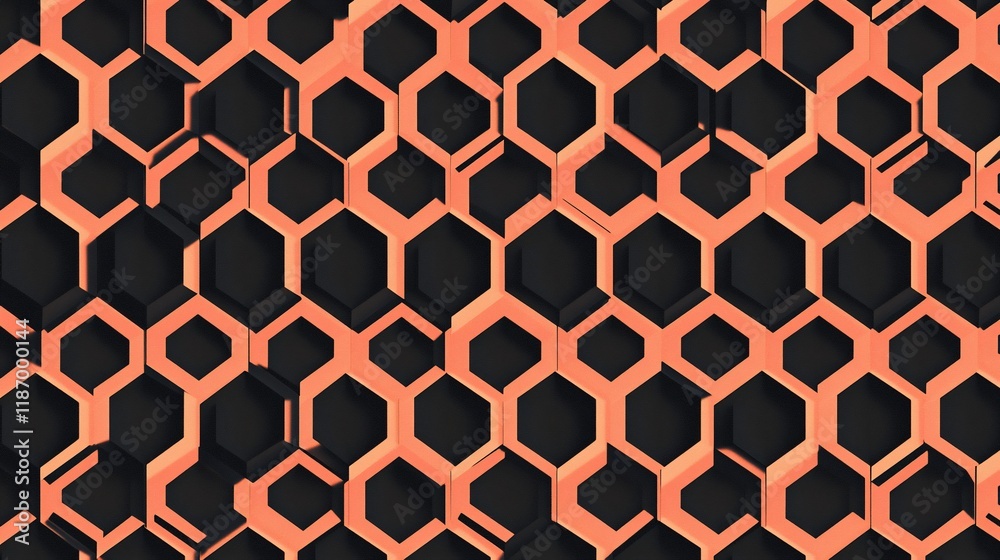 Abstract orange and black hexagonal pattern background.