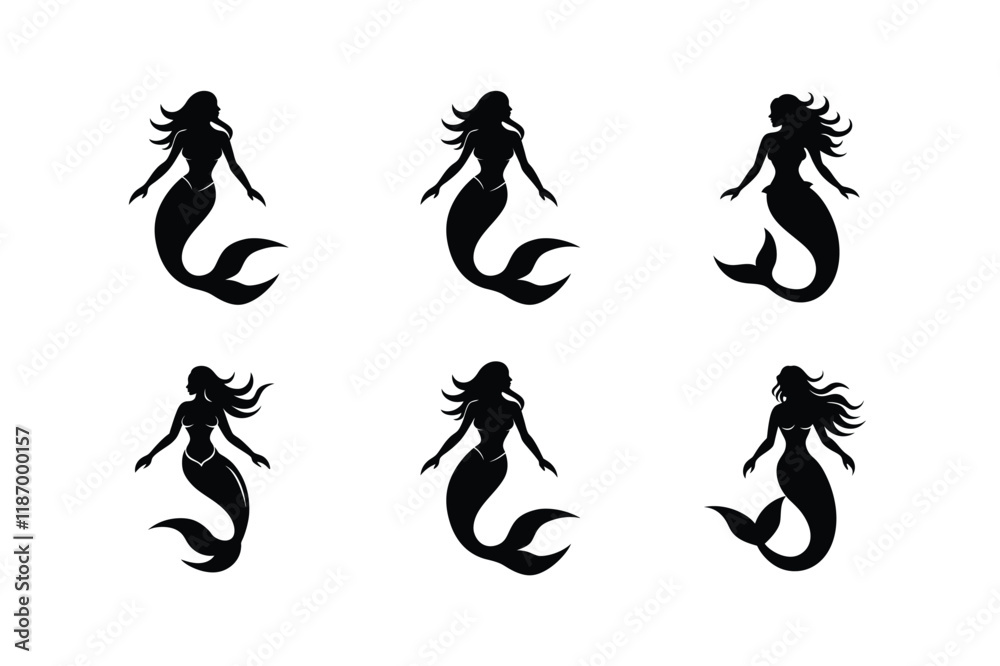 Set of Mermaid Icon Silhouette on White Background Set of Mermaid Icon Silhouette on White Background