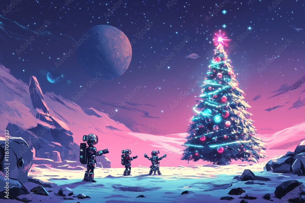Naklejka premium Robots Celebrate Christmas on an Alien Planet