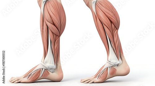 Human leg anatomy illustration with muscle and tendon detail on a white background