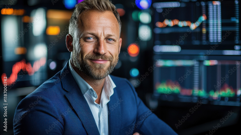 business consultant smiling confidently in modern office with financial charts. atmosphere is professional and dynamic, reflecting focus on economic trends and analysis business consultant smiling confidently in modern office with financial charts. atmosphere is professional and dynamic, reflecting focus on economic trends and analysis