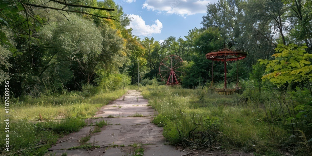 An overgrown amusement park path leading to a faded ferris wheel and carousel in a lush forest setting. An overgrown amusement park path leading to a faded ferris wheel and carousel in a lush forest setting.