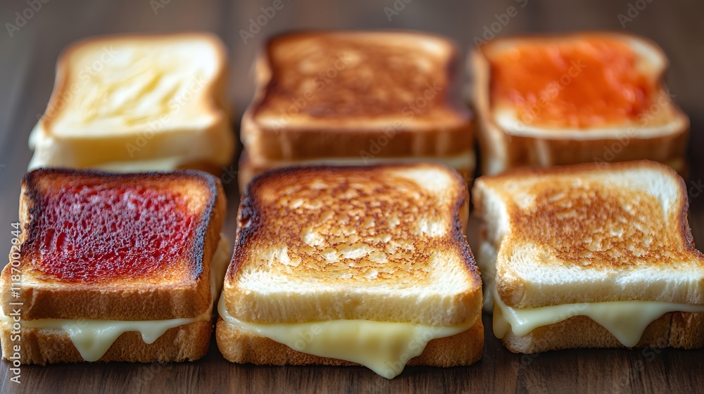 Assortment of Gourmet Grilled Cheese Sandwiches with Various Fillings Assortment of Gourmet Grilled Cheese Sandwiches with Various Fillings