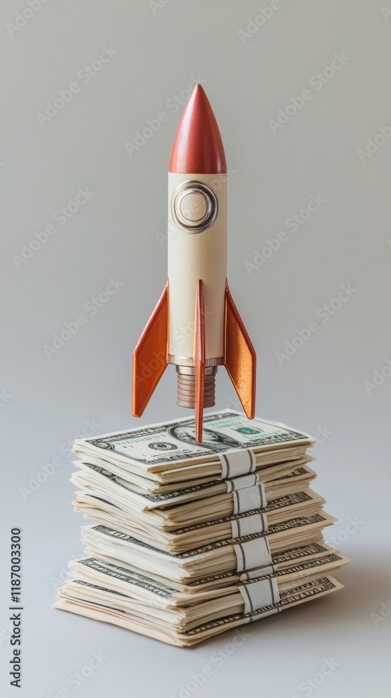 Obraz premium Toy rocket taking off from a stack of dollar bills representing successful investment, financial growth, and achieving new heights in business ventures