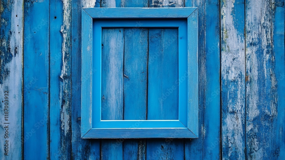 Empty blue frame on weathered blue wood planks. Empty blue frame on weathered blue wood planks.