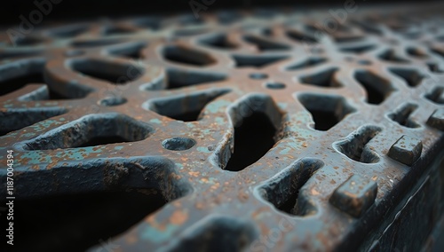 Close-up of rusty, ornate metal grate.