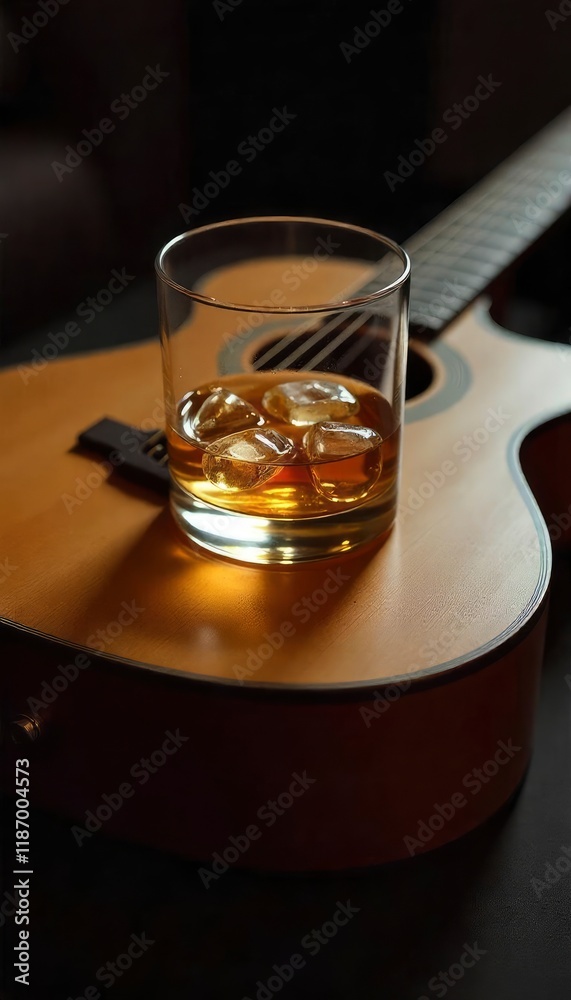 An acoustic guitar lays on it's back while a glass of whiskey with ice rests on it's top
An acoustic guitar lays on it's back while a glass of whiskey with ice rests on it's top