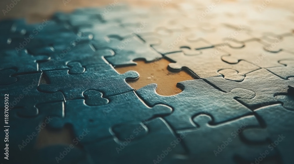 Close-Up of Puzzle Pieces with One Missing Piece on Table Surface