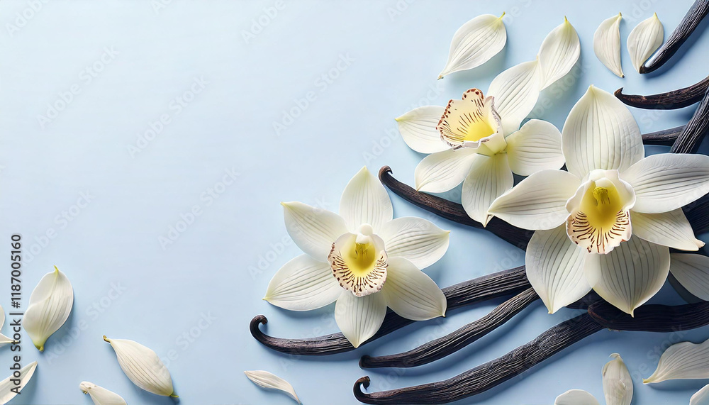 Vanilla pods with flowers arranged elegantly on a light blue surface Vanilla pods with flowers arranged elegantly on a light blue surface