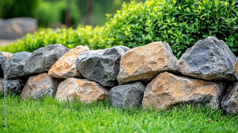 Natural Stone Wall in Lush Garden Setting with Greenery Highlights
