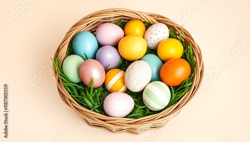 Colorful Easter eggs in wicker basket.