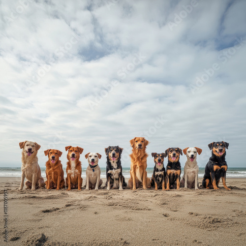 wide angle shot of group of dogs sitting beach, enjoying day. Their playful expressions and varied breeds create joyful scene