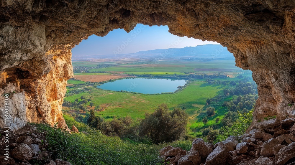Fototapeta premium Cave view of tranquil valley lake at sunrise.