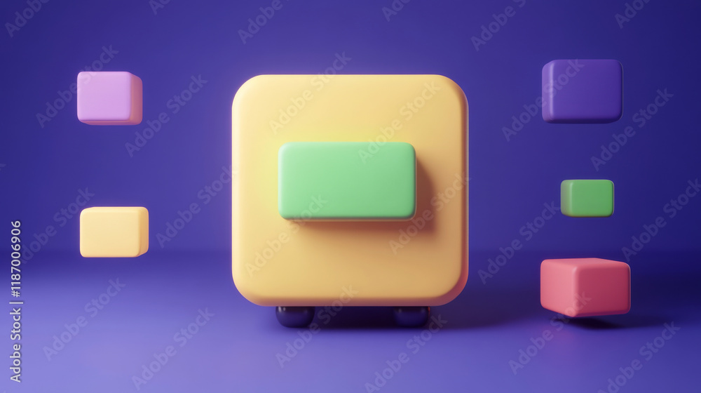 A colorful arrangement of geometric shapes on a purple background, featuring a prominent yellow square with a green rectangle and smaller blocks.