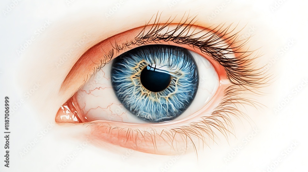 Anatomical study of the eye focusing on iris and retina with a white background Anatomical study of the eye focusing on iris and retina with a white background