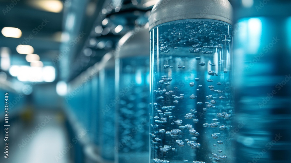 Blue Liquid Filled Cylinders In Industrial Setting Blue Liquid Filled Cylinders In Industrial Setting
