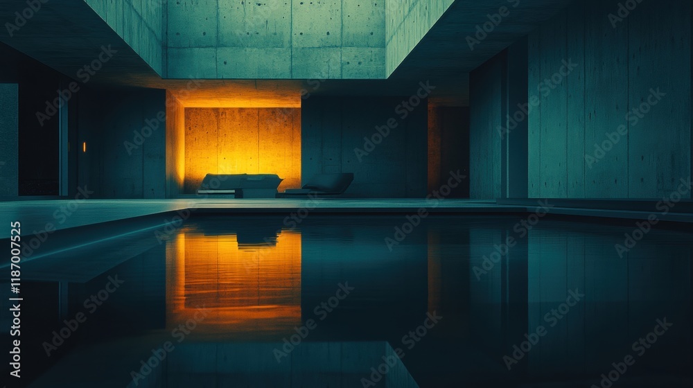 Modern Minimalist Interior with Pool and Ambient Lighting Modern Minimalist Interior with Pool and Ambient Lighting
