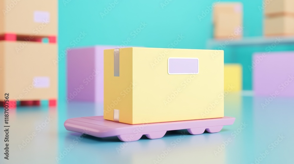 A colorful miniature delivery cart carrying a yellow box, set against a vibrant backdrop with various storage boxes. A colorful miniature delivery cart carrying a yellow box, set against a vibrant backdrop with various storage boxes.